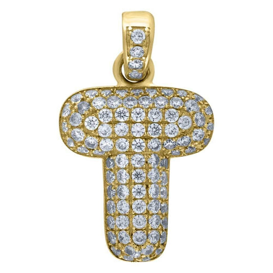 10K Yellow Gold Iced Out CZ Bubble Initial Letter "T" Charm Pendant 1.7 Grams