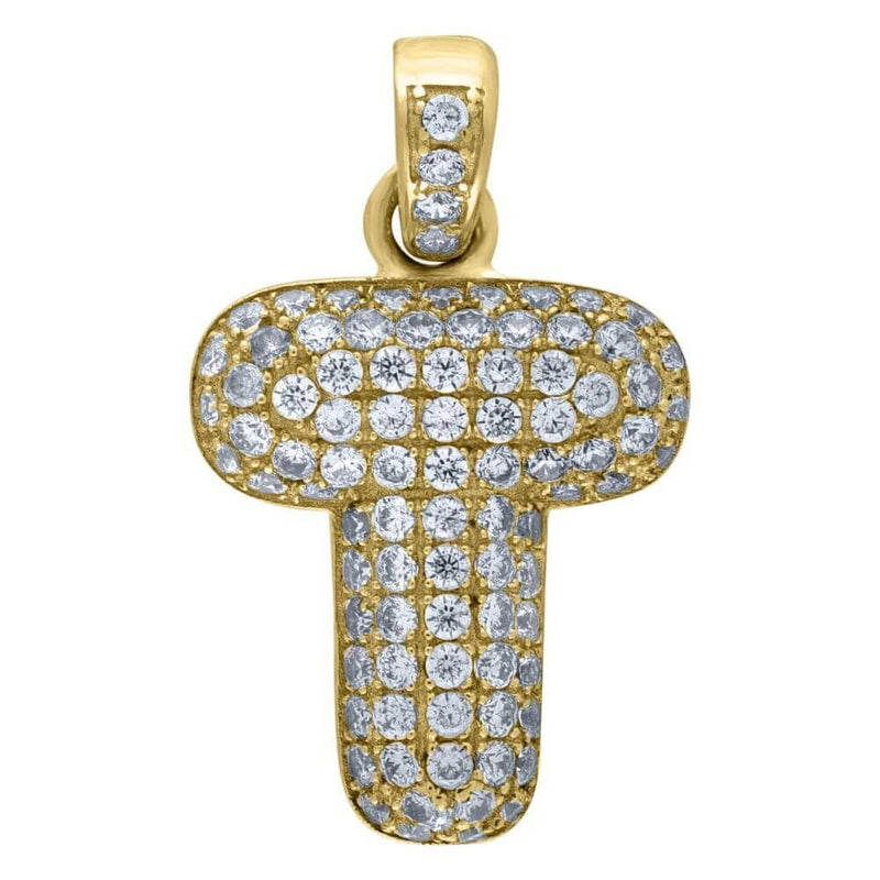 10K Yellow Gold Iced Out CZ Bubble Initial Letter "T" Charm Pendant 1.7 Grams