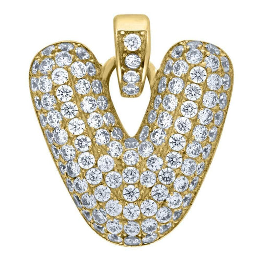 10K Yellow Gold Iced Out CZ Bubble Initial Letter "V" Charm Pendant 2.1 Grams