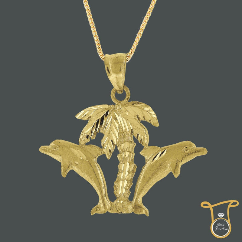 10kt Yellow Gold Hawaiian Palm Tree Double Dolphin Fashion Charm Pendant, Pendants, Silverine, Jawa Jewelers