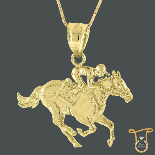 10kt Yellow Gold Jockey on Horse Animal Fashion Charm Pendant, Pendants, Silverine, Jawa Jewelers