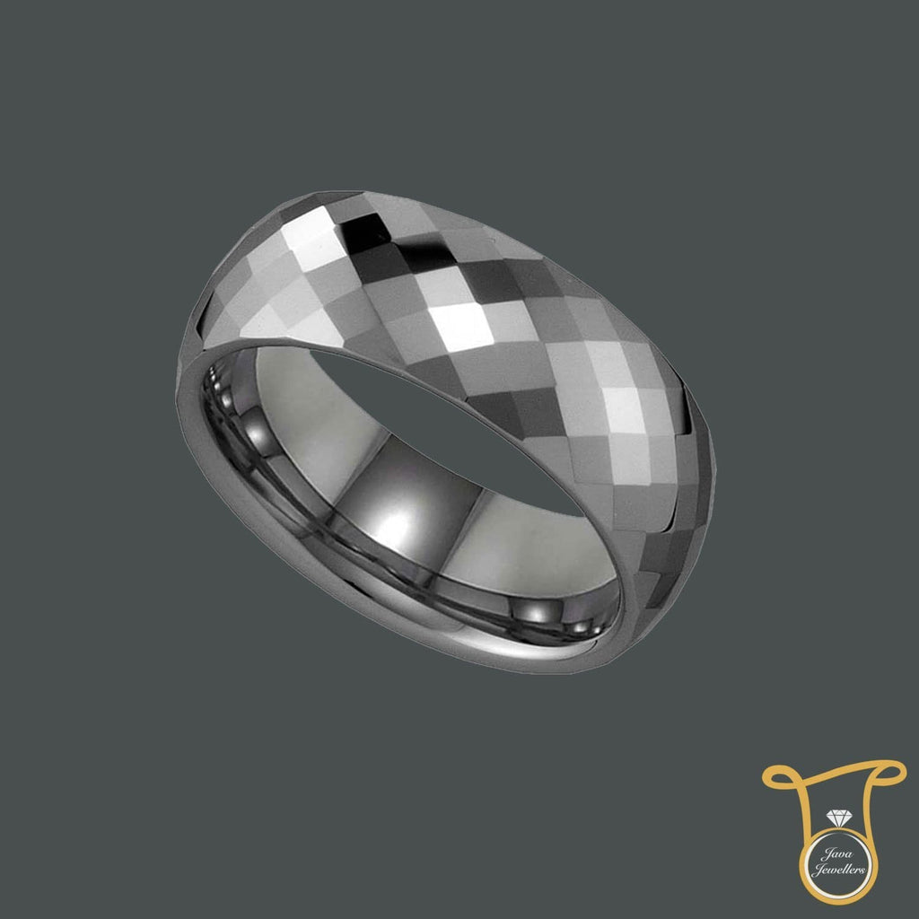 Tungsten Carbide Multi Faceted Comfort-fit 8mm Wedding Band, Ring, Silverine, Jawa Jewelers