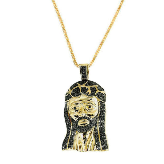 14K Yellow Gold Finish 3.00CTW  Black Diamond Micro Pave Jesus Face Pendant, , Jawa Jewelers, Jawa Jewelers